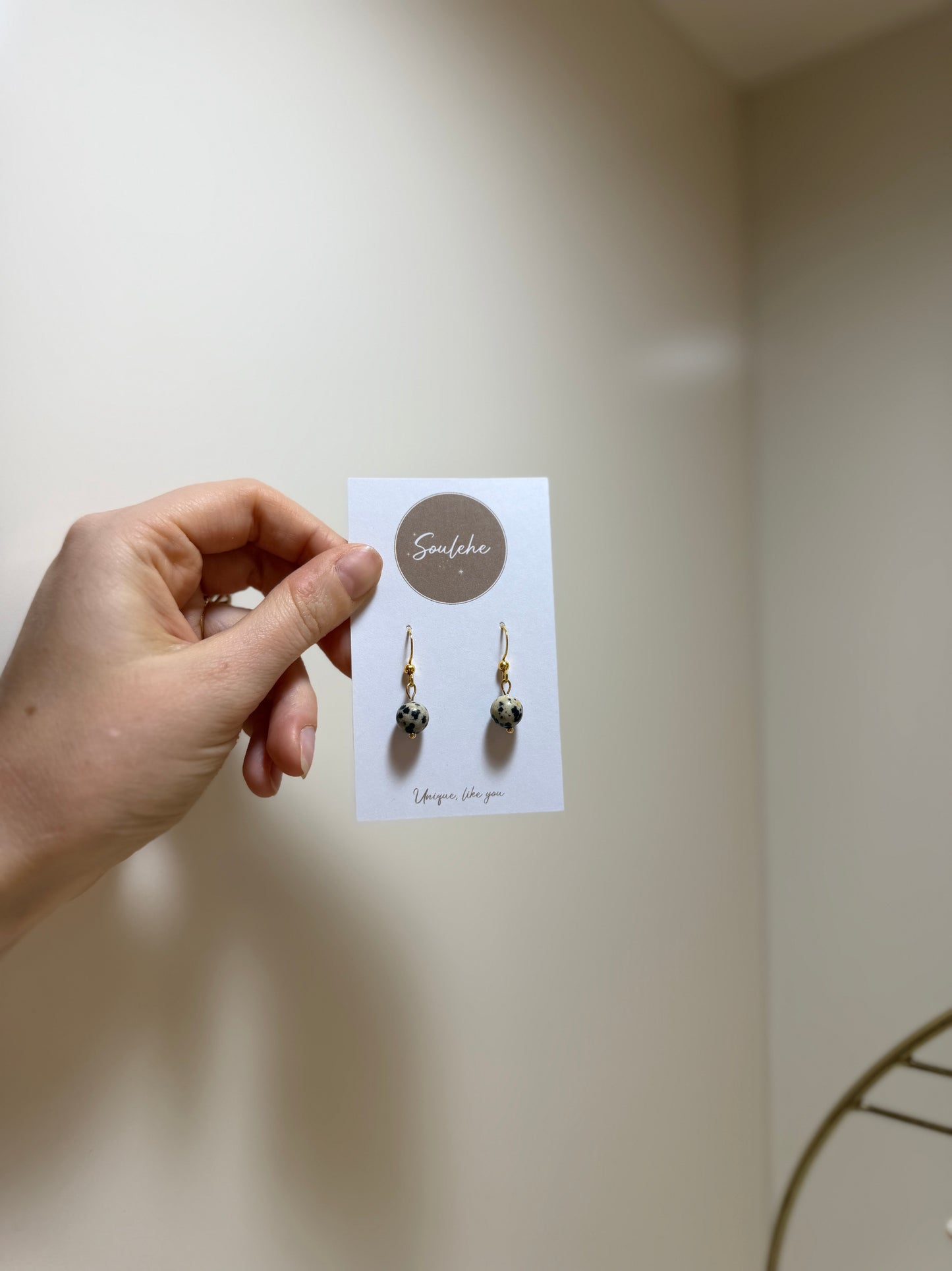 Gold hook earrings with Dalmatian Jasper beads.