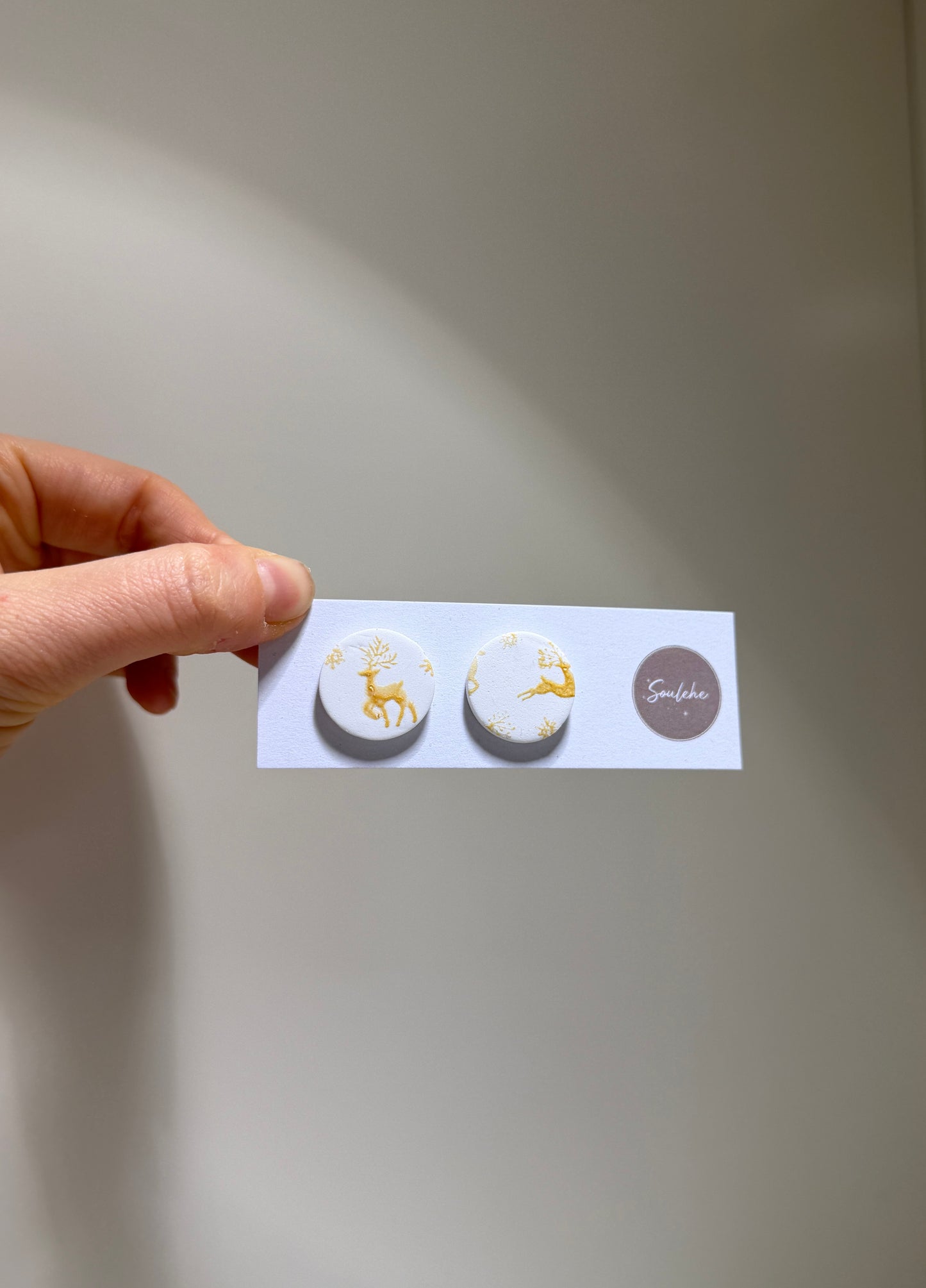 White and Gold Raindeer Earrings. Polymer Clay