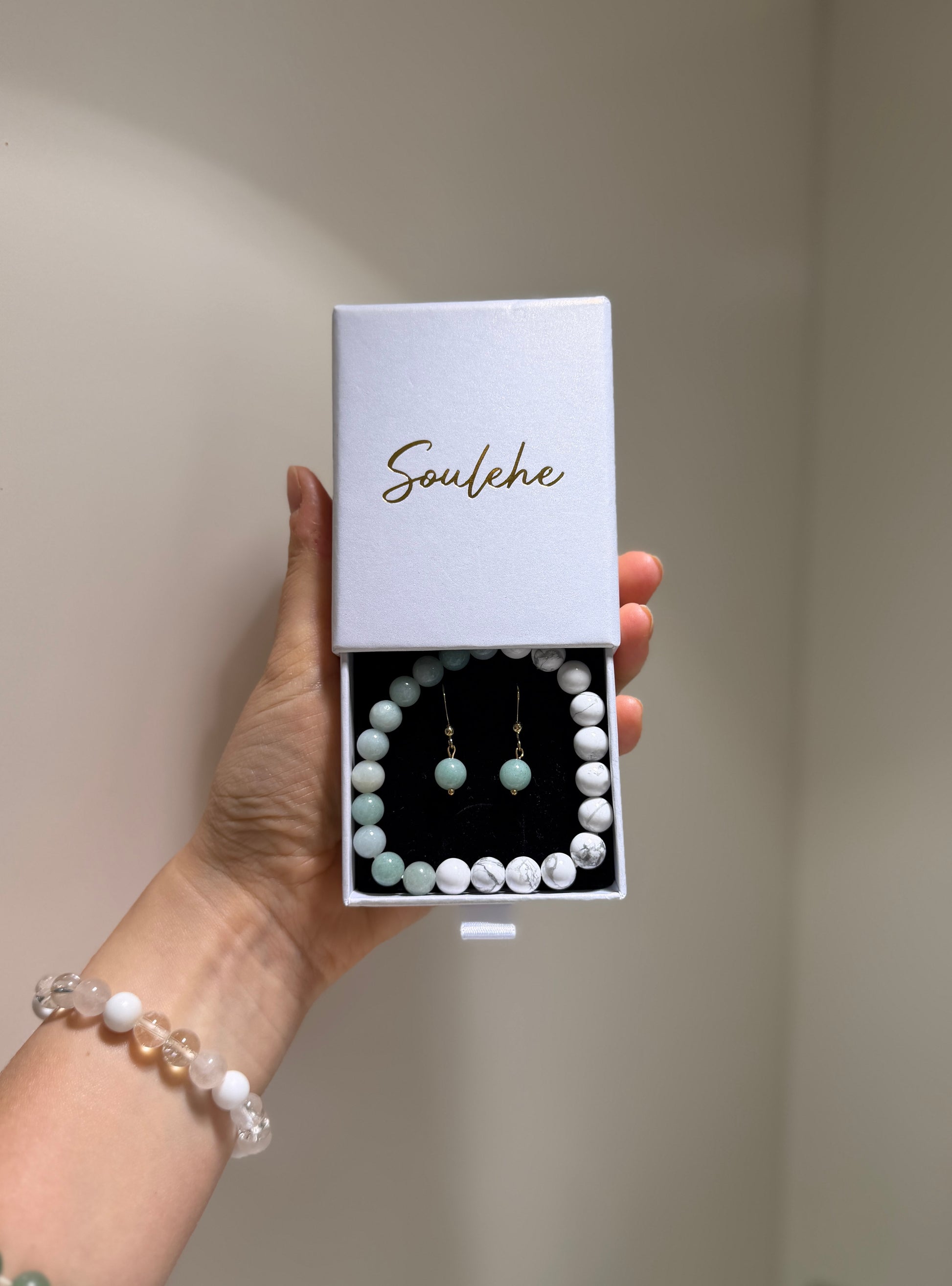 Amazonite earrings with matching Amazonite and Howlite bracelet.