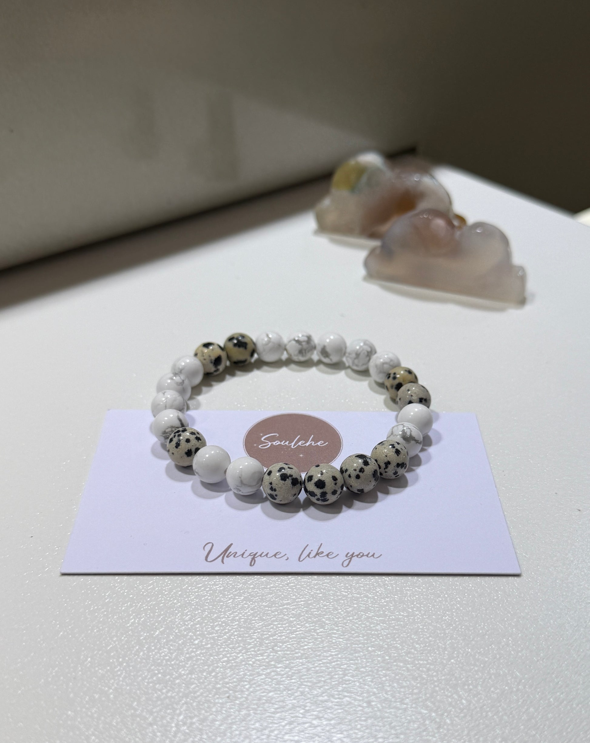 Howlite and Dalmatian Jasper beaded bracelet.