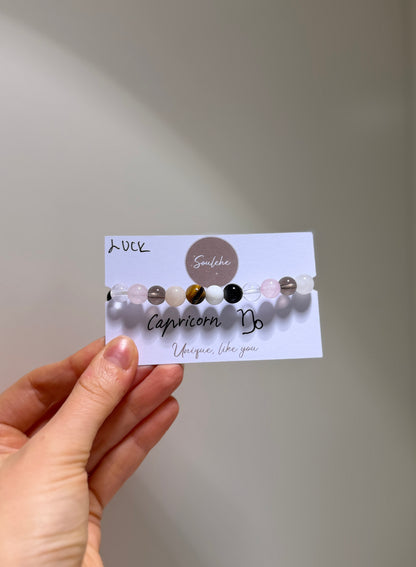 Capricorn Luck Bracelet with Rose Quartz, Obsidian, Clear Quartz, Tiger Eye, White Agate and Pink Aventurine, handmade – Soulehe.