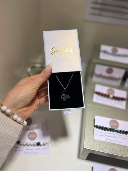 Necklace with a heart pendant in a branded box held by a hand.