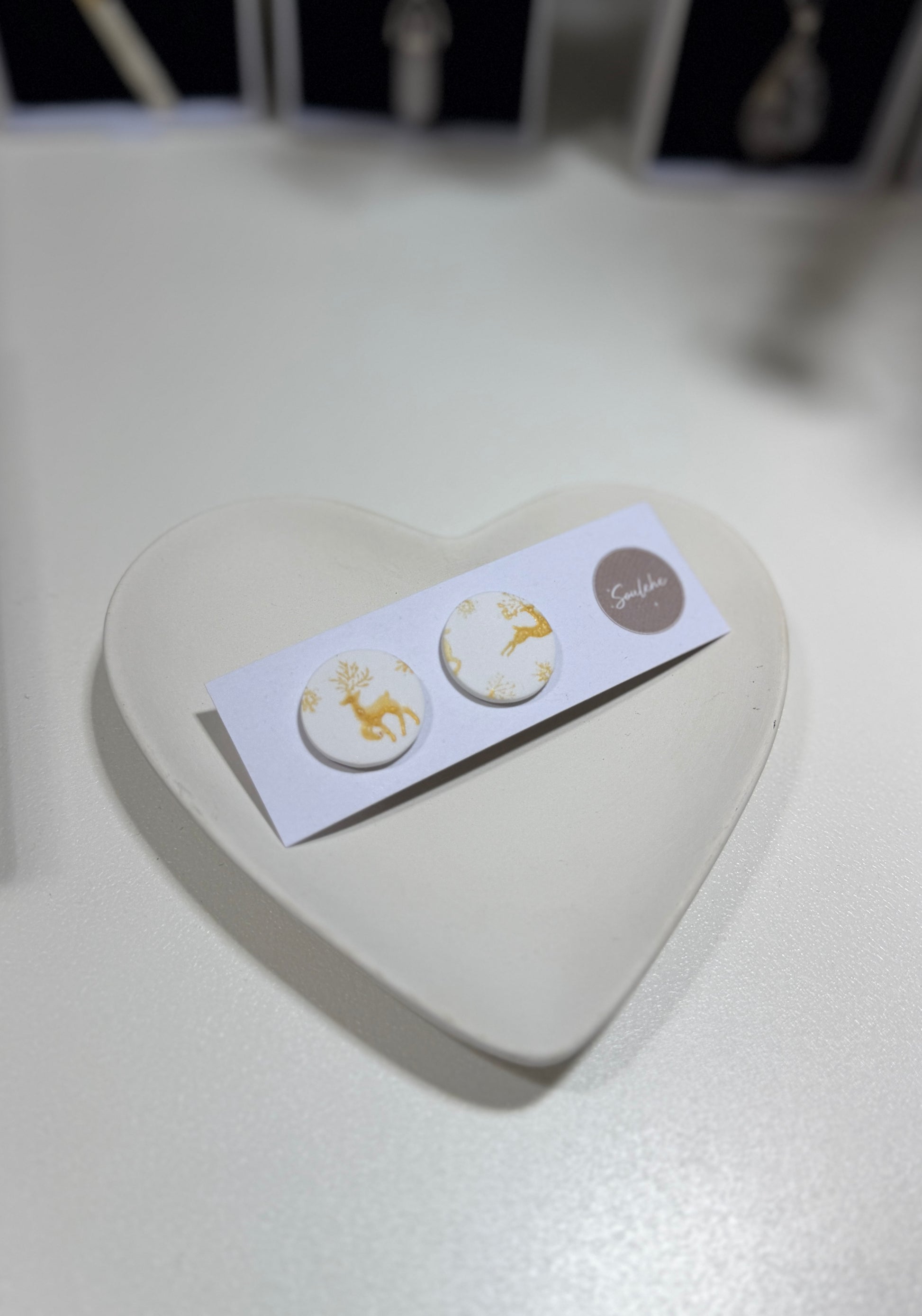 White and Gold Raindeer Earrings. Polymer Clay