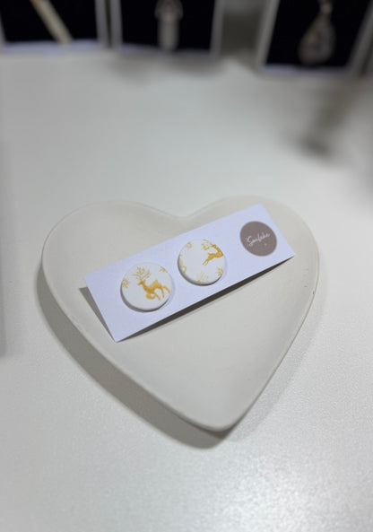 White and Gold Raindeer Earrings. Polymer Clay