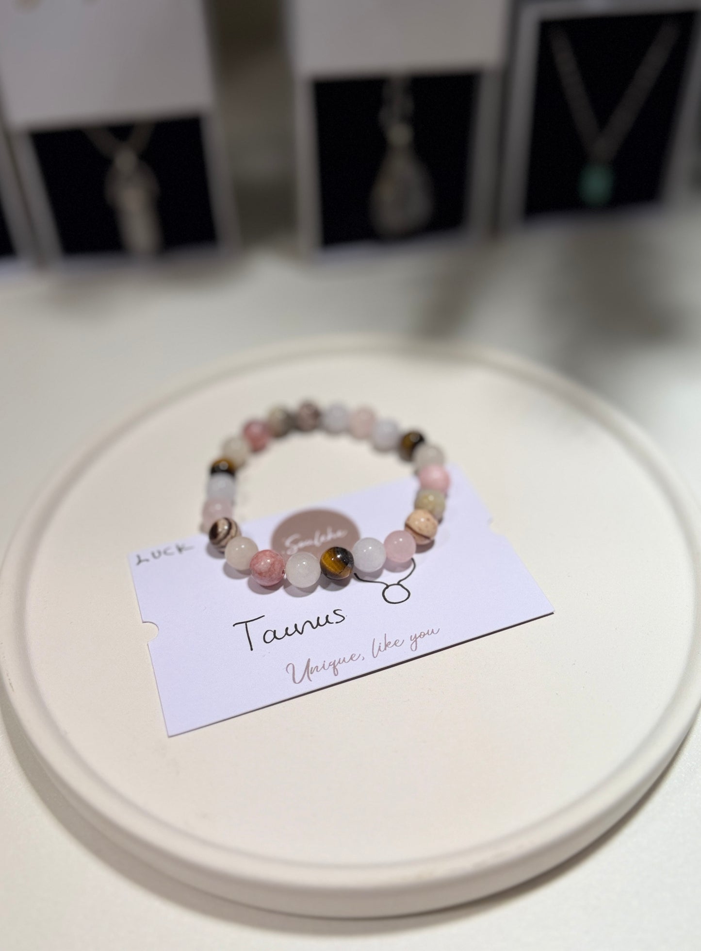 Taurus Luck Bracelet with Pink Zebra, Rose Quartz, Aquamarine, Australia Jasper, Bamboo Agate, Pink Aventurine and Tiger Eye, handmade – Soulehe.