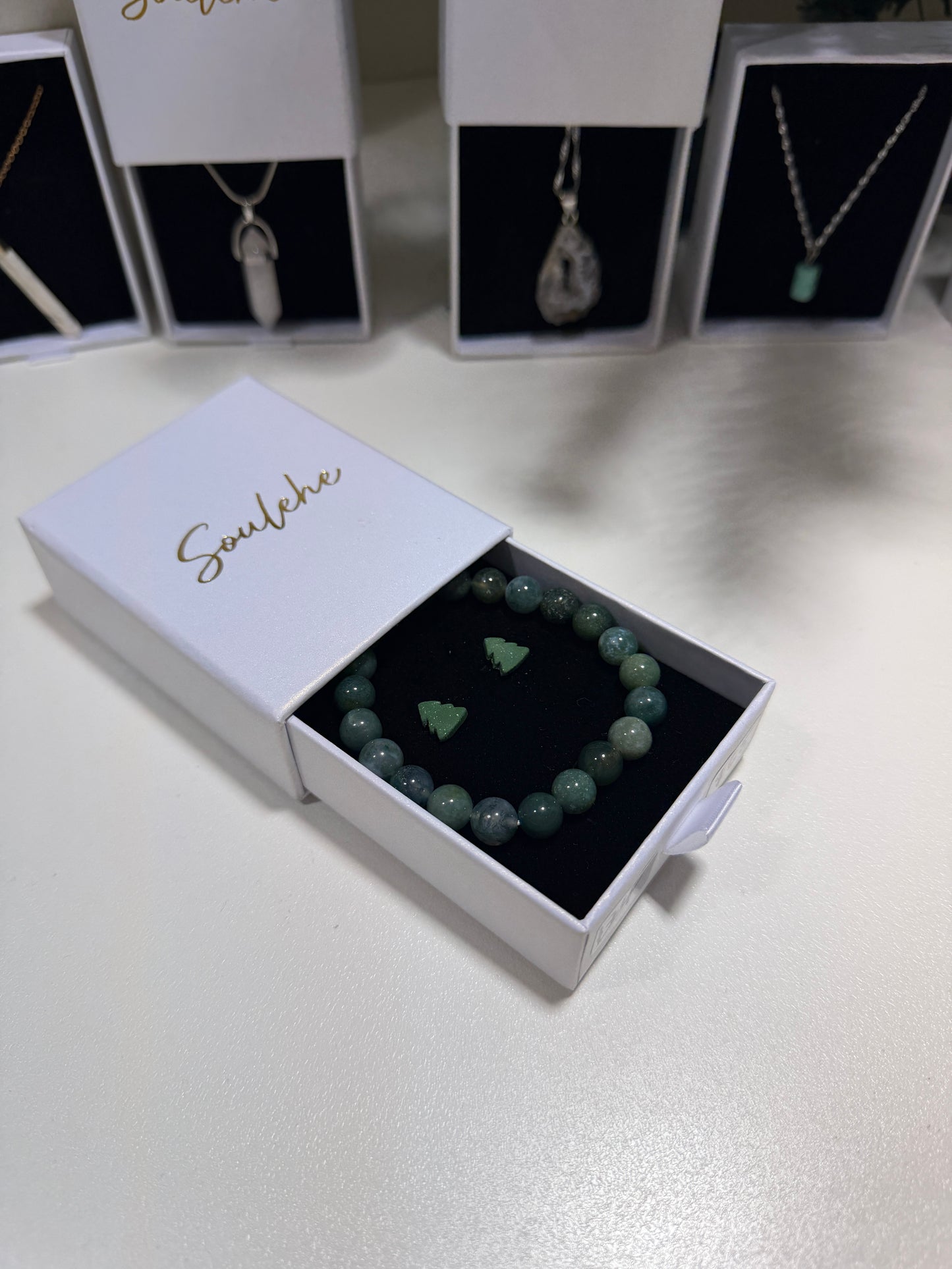 Polymer clay Christmas tree earrings with Moss Agate beaded bracelet.