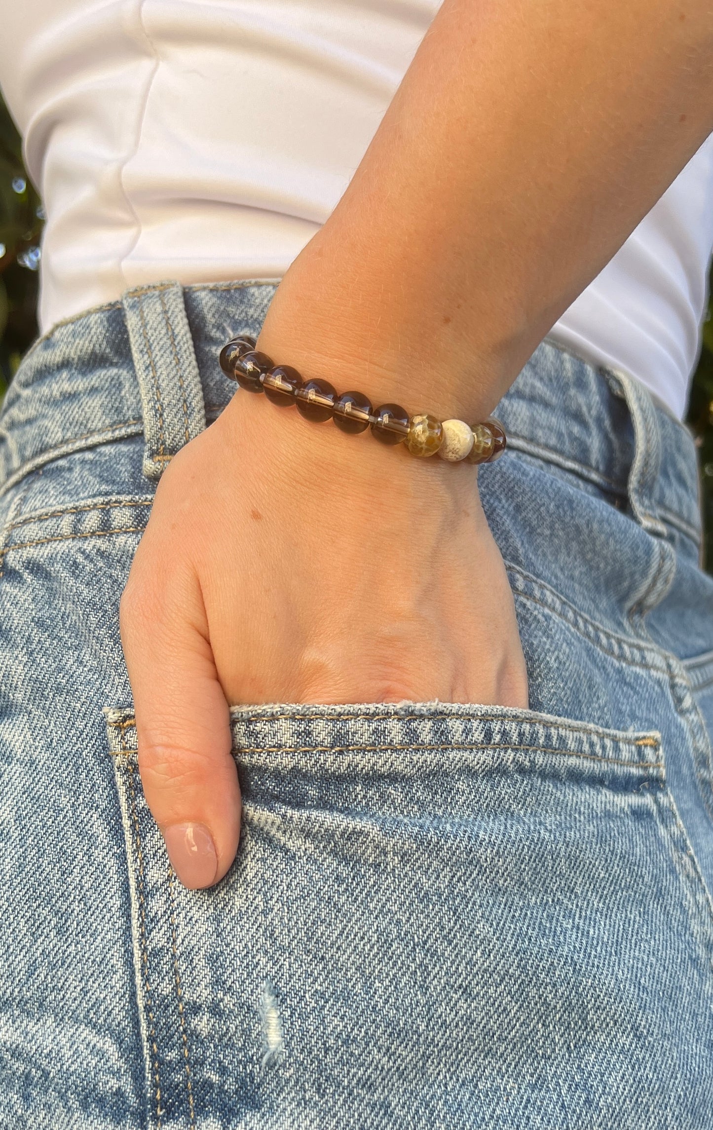 smoky quartz brown fire agate natural stone crystal bracelet