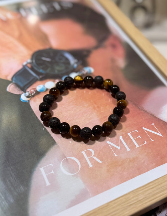 Black beaded bracelet on a mannequin hand with 'For Men' text in the background