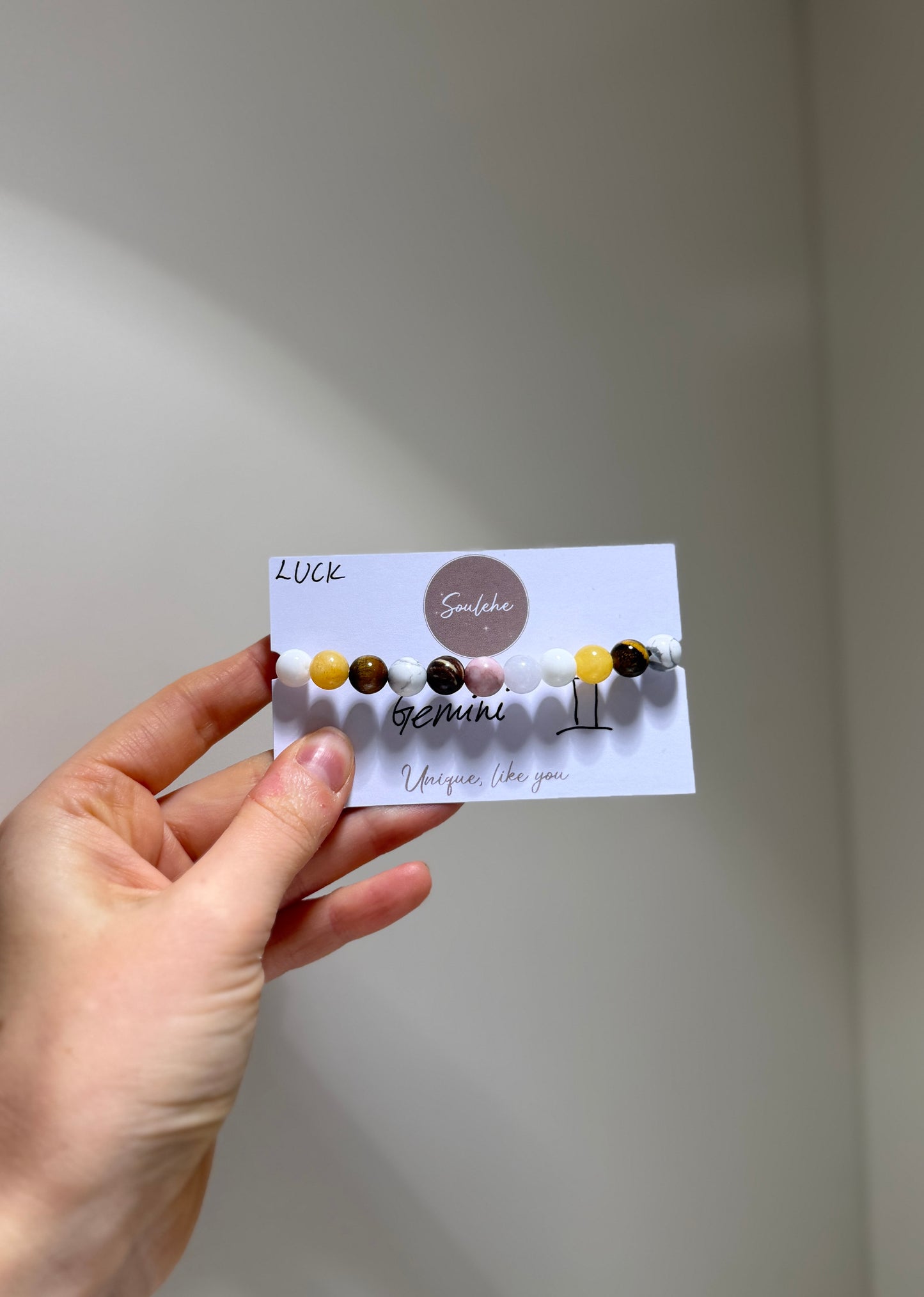 Gemini Luck Bracelet with Tiger Eye, Howlite, Pink Zebra, Aquamarine, White Agate, Australia Zebra and Citrine, handmade – Soulehe.