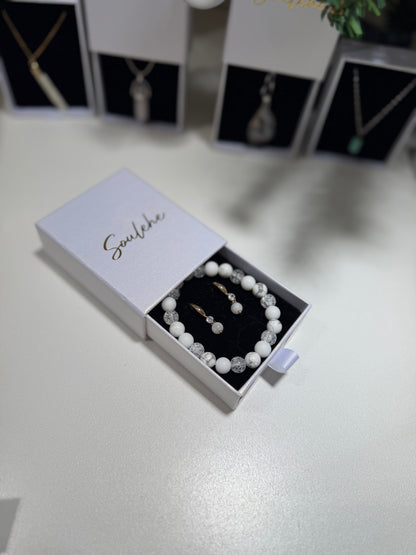 Gold Moonstone earrings with White Agate and Howlite bracelet.