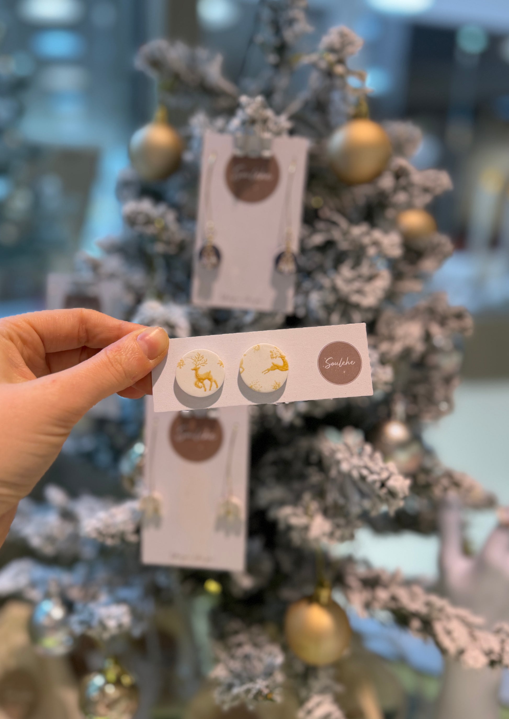 White and Gold Raindeer Earrings. Polymer Clay