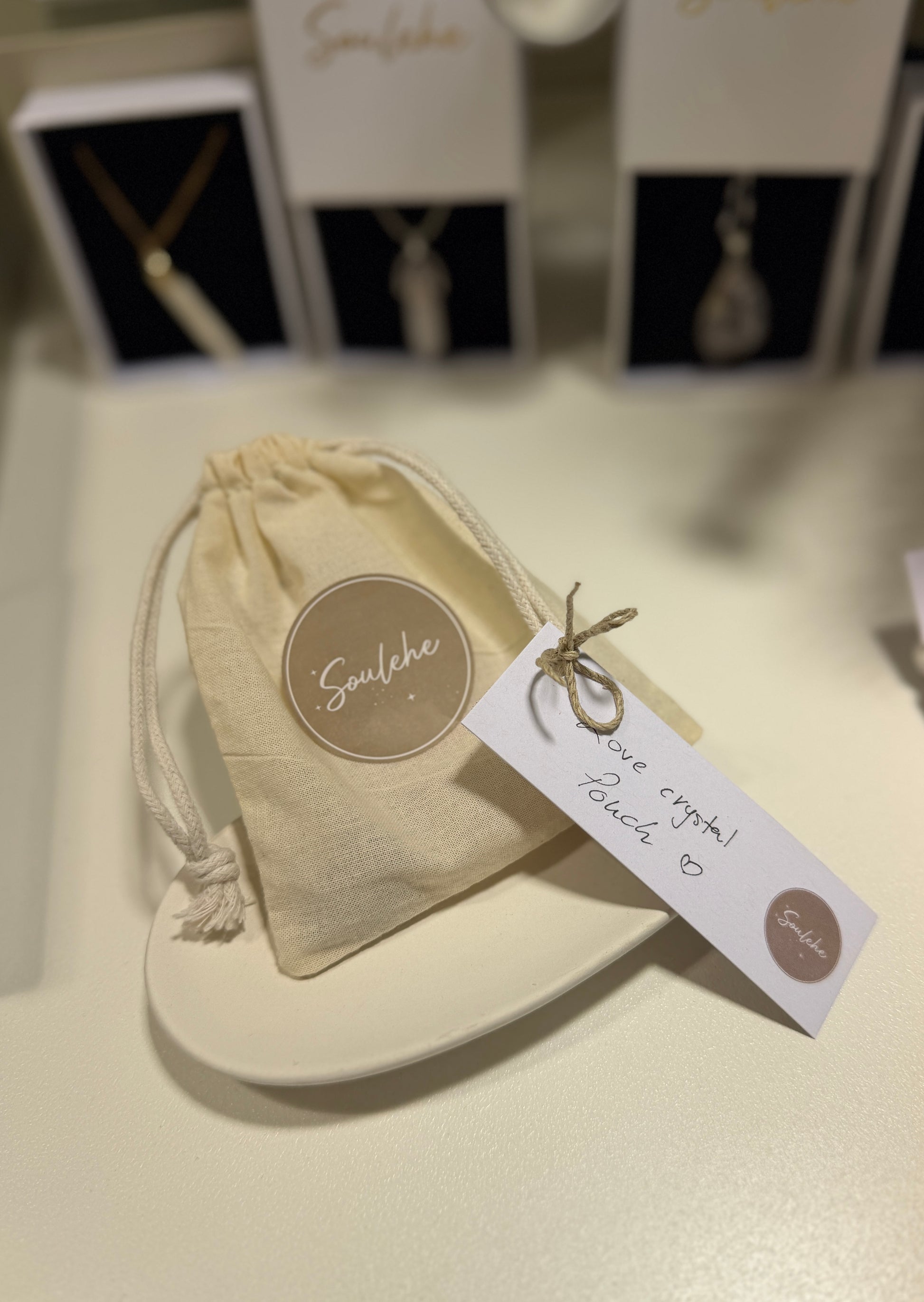 Cotton love crystal pouch with Rose Quartz, White Agate, Amethyst and Clear Quartz.