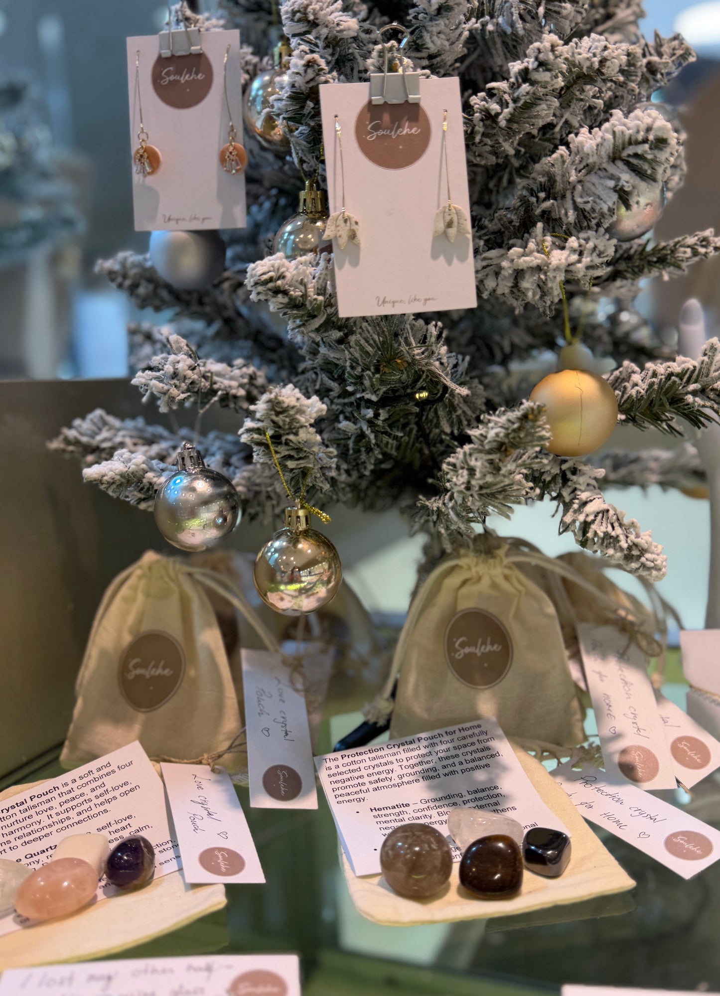 Cotton protection crystal pouch with Hematite, Tiger’s Eye, Smoky Quartz and Clear Quartz.