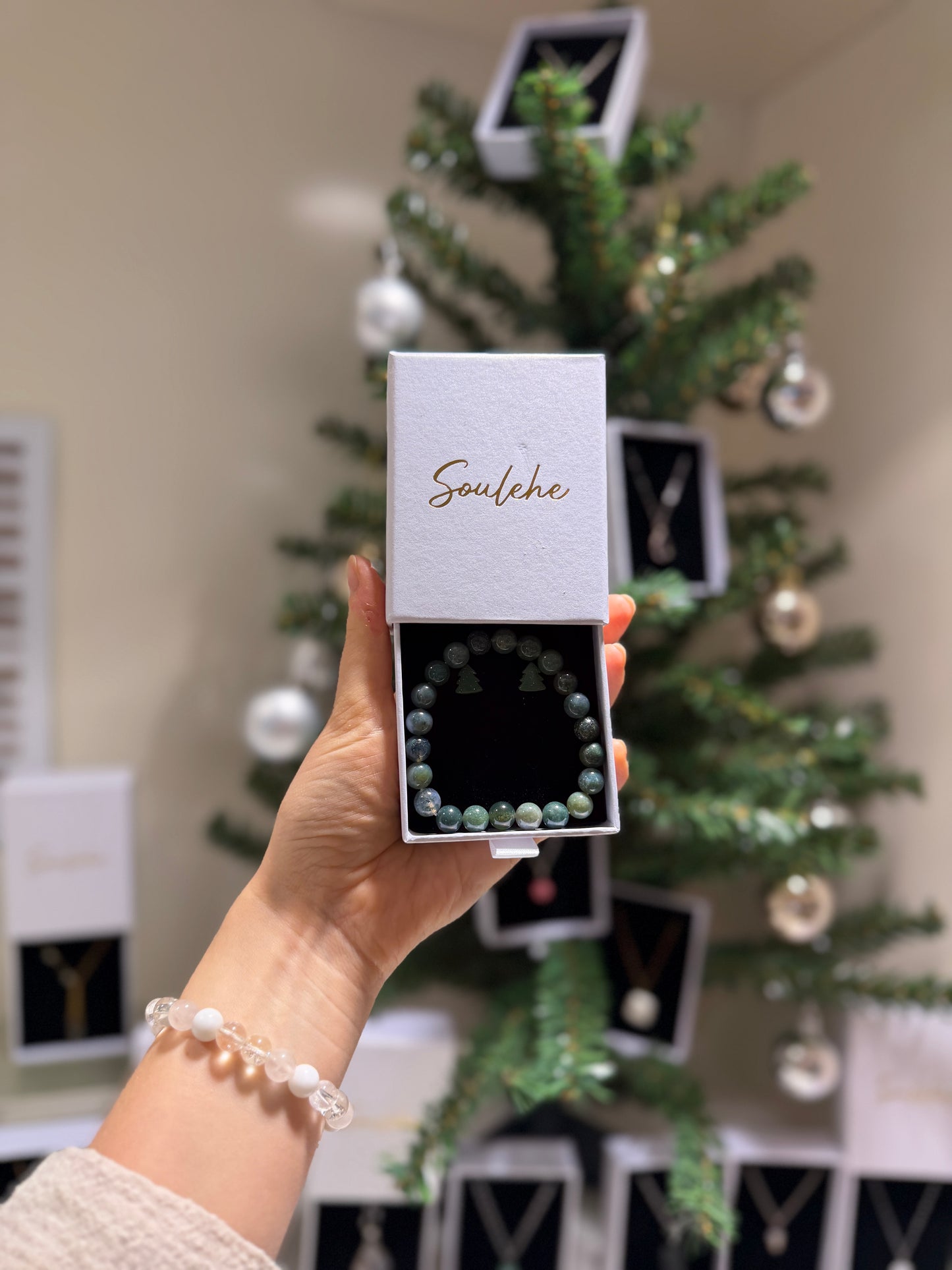 Polymer clay Christmas tree earrings with Moss Agate beaded bracelet.