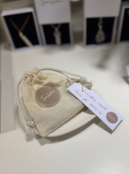 Cotton protection crystal pouch with Hematite, Tiger’s Eye, Smoky Quartz and Clear Quartz.