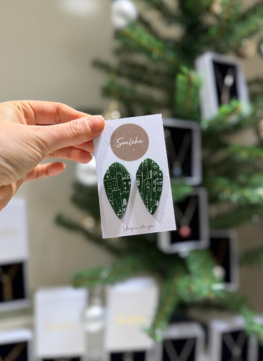 Green Snowy City Polymer Clay Earrings