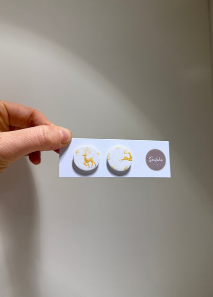 White and Gold Raindeer Earrings. Polymer Clay