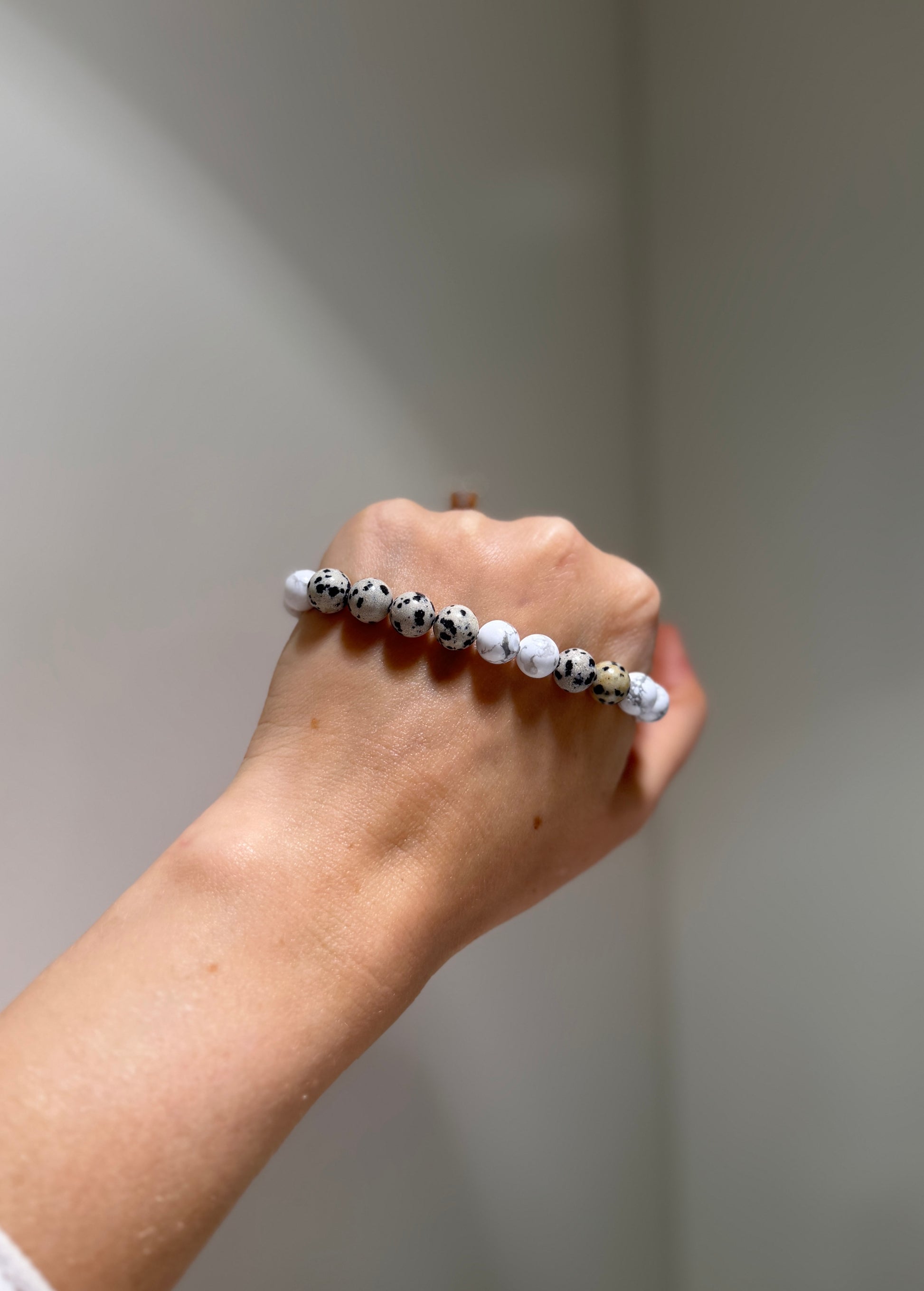 Howlite and Dalmatian Jasper beaded bracelet.