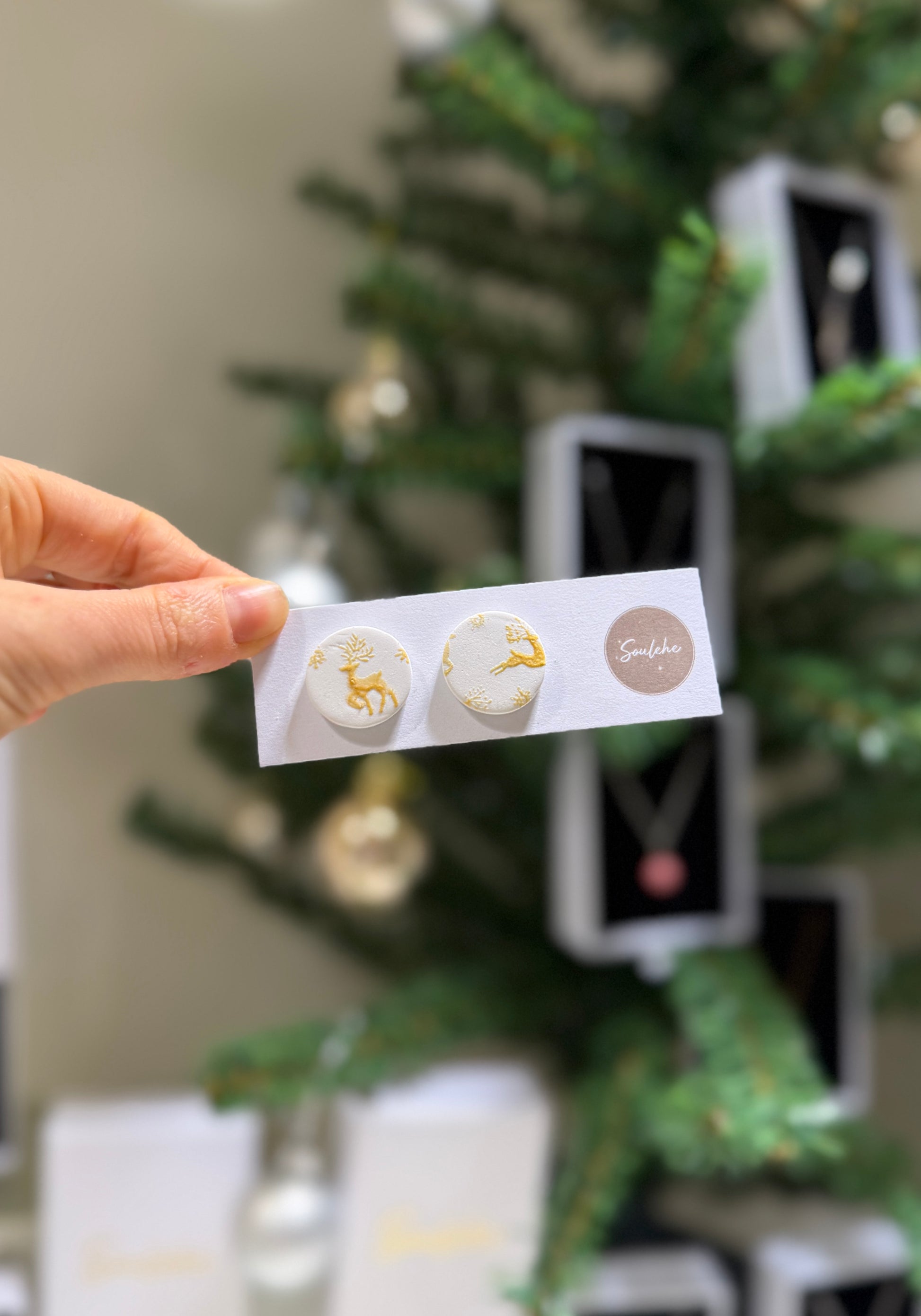 White and Gold Raindeer Earrings. Polymer Clay