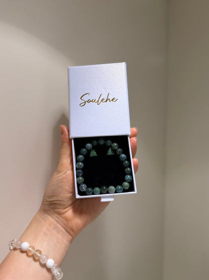 Polymer clay Christmas tree earrings with Moss Agate beaded bracelet.