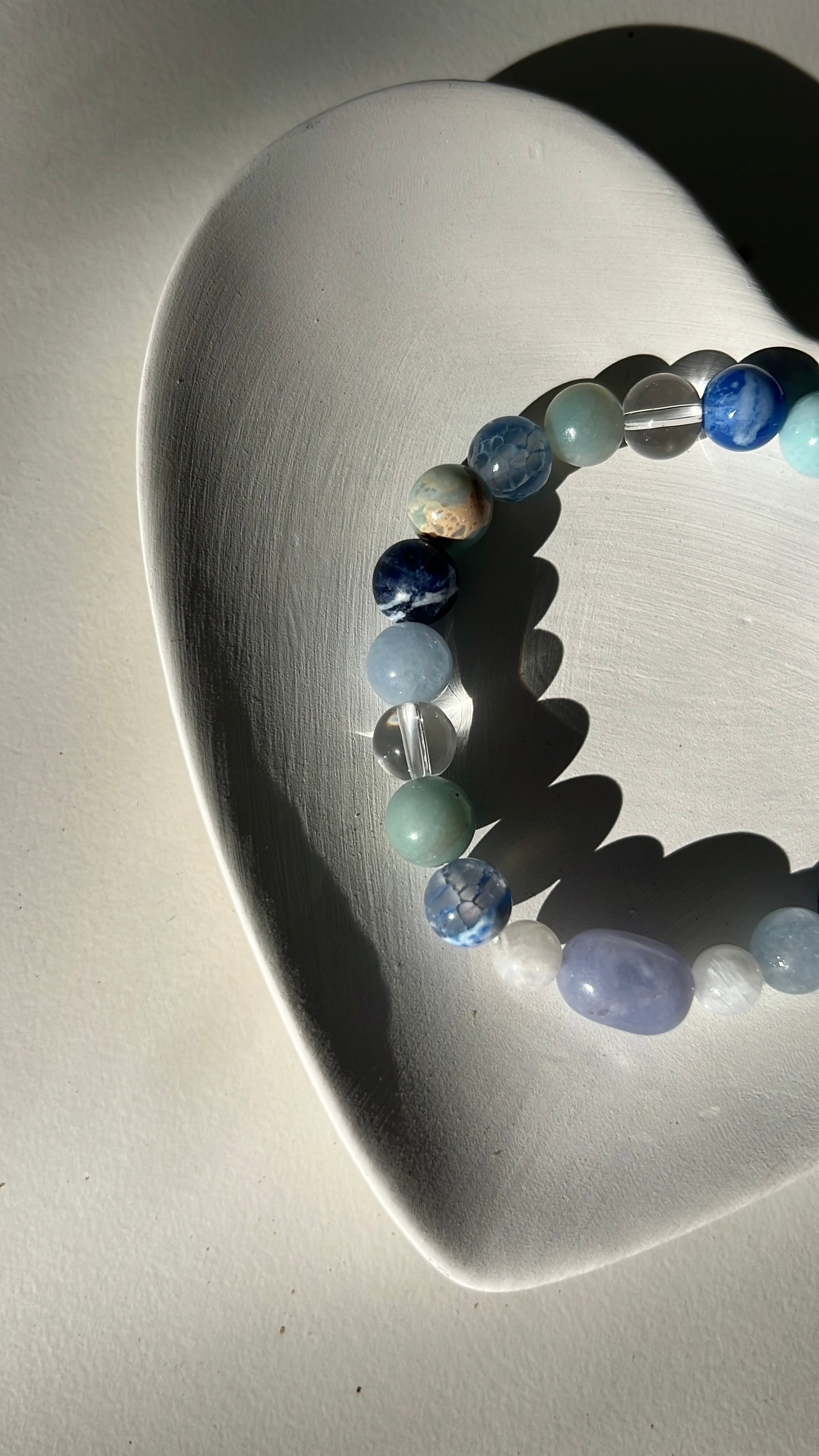 Natural crystal bracelet aquamarine, amazonite, moonstone, clear quartz, blue sodalite