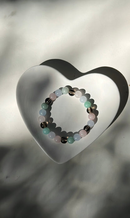  Rose quartz, Aquamarine, Amazonite, Smoky quartz